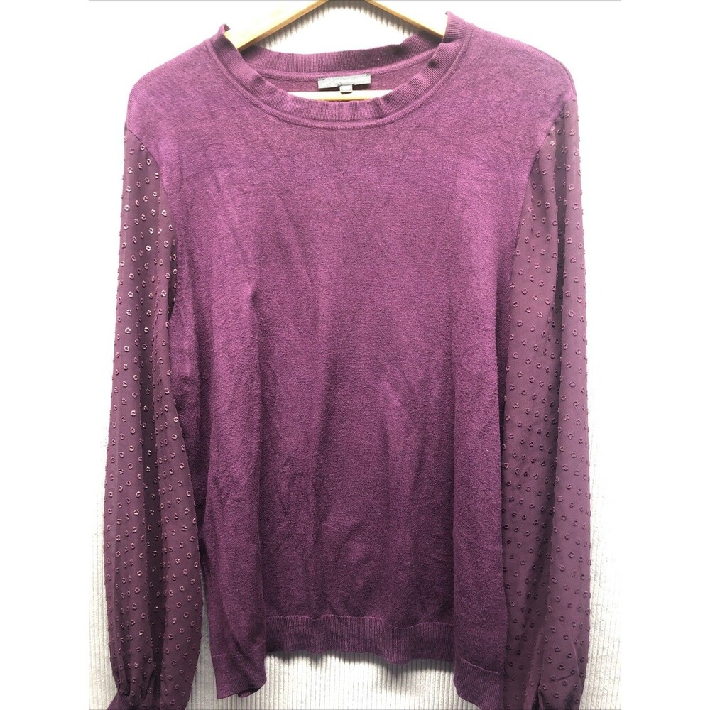 Adrianna Papell Knit Sweater Top Size XL Purple Maroon Sheer Sleeves